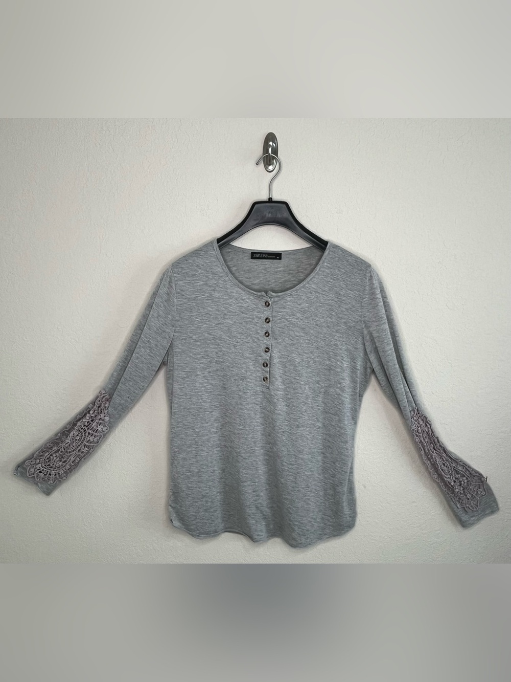 Zanzea Light Gray Henley Top with Lace Sleeve Insets